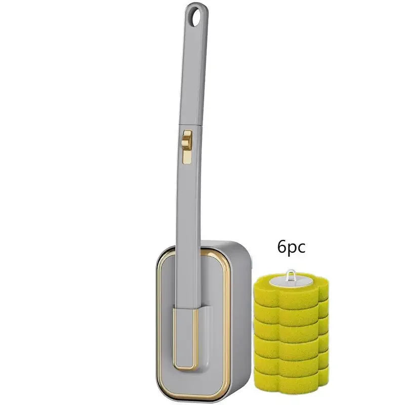 A disposable toilet cleaning brush with a gray handle and a yellow cleaning head is shown.
