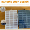 A clear plastic storage box with a hanging loop design, showing multiple compartments for jewelry and small items.