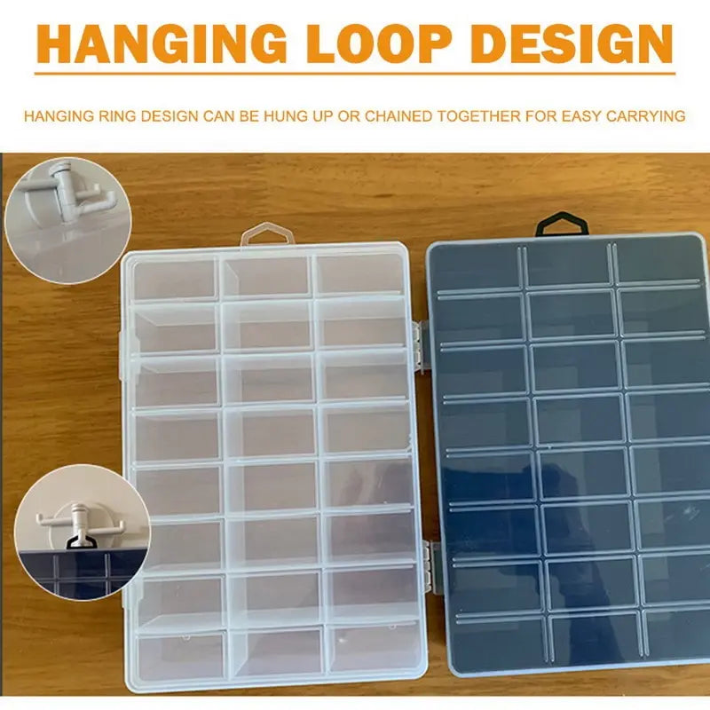 A clear plastic storage box with a hanging loop design, showing multiple compartments for jewelry and small items.