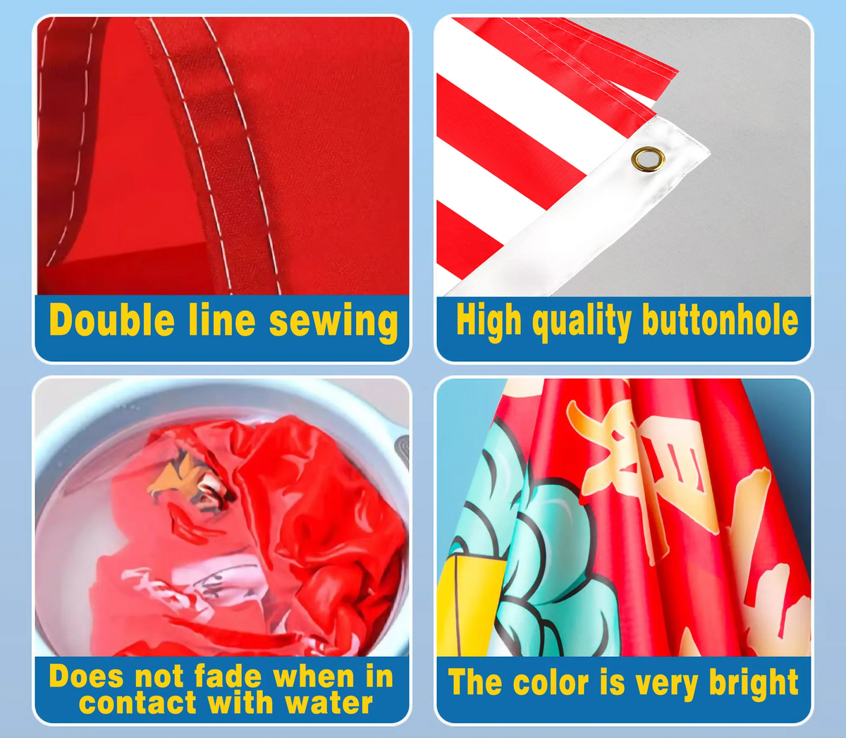 Close-up shots showing double line sewing, a high quality buttonhole, colorfast fabric, and bright red tapestry.