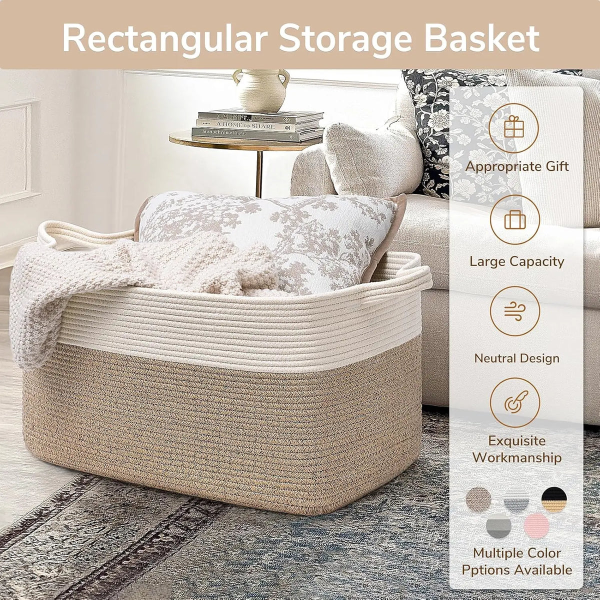 A rectangular woven storage basket in beige fabric sits on a gray rug next to a sofa.