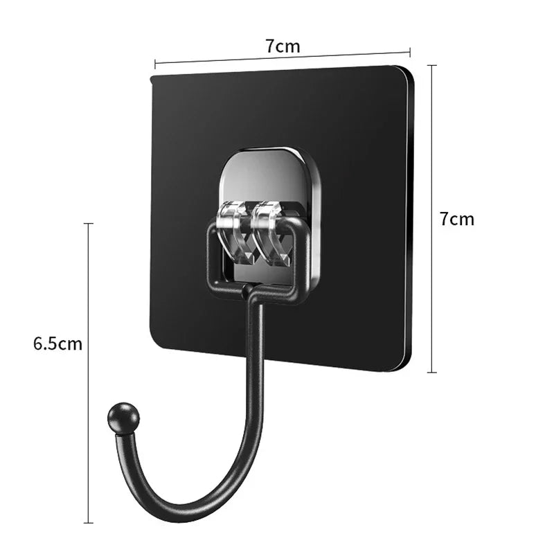 A black heavy-duty self-adhesive wall hook with a silver mounting plate and a curved hook.