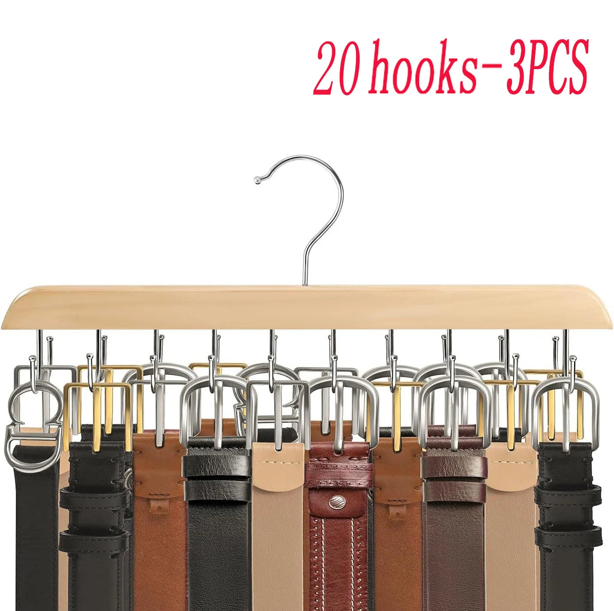 20 hooks in 3 pieces of wooden belt and accessory organizer hangers