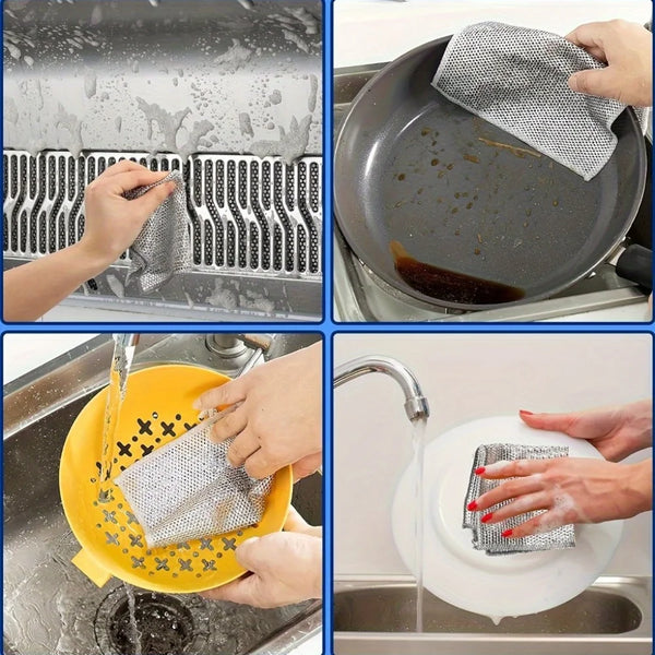 Hands are shown cleaning a grill grate, a frying pan, and a plate with a reusable microfiber dishcloth set.