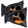 Black reusable insulated faucet cover with brass handles shown in circular display