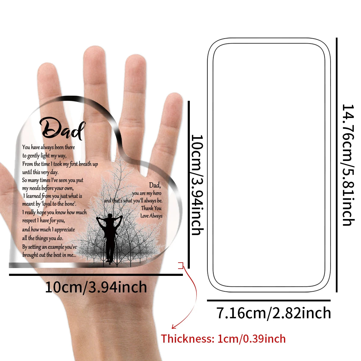 A heart-shaped acrylic plaque engraved with a message for Dad, shown next to a hand for scale.