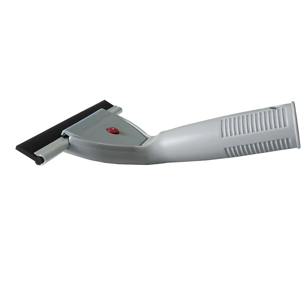 A gray glass cleaning squeegee tool with a black blade and a red trigger.