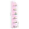 A tall pink over-the-door fabric storage organizer with multiple pockets featuring small plants and decorative elements.