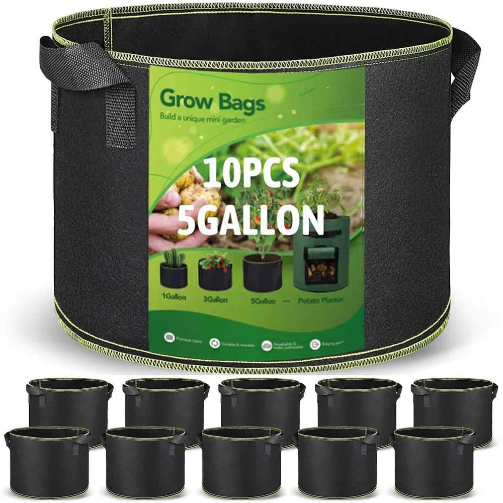 A set of black non-woven plant grow bags for gardening, showing various sizes and quantities.