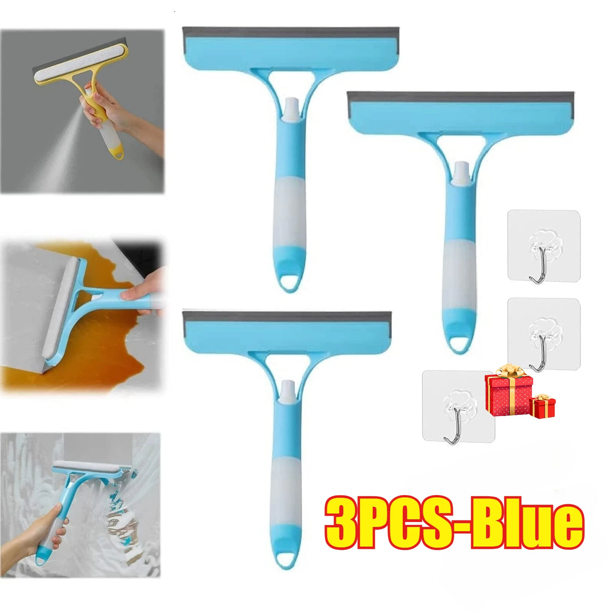 Three blue multi-function glass cleaners and scrapers shown in various angles