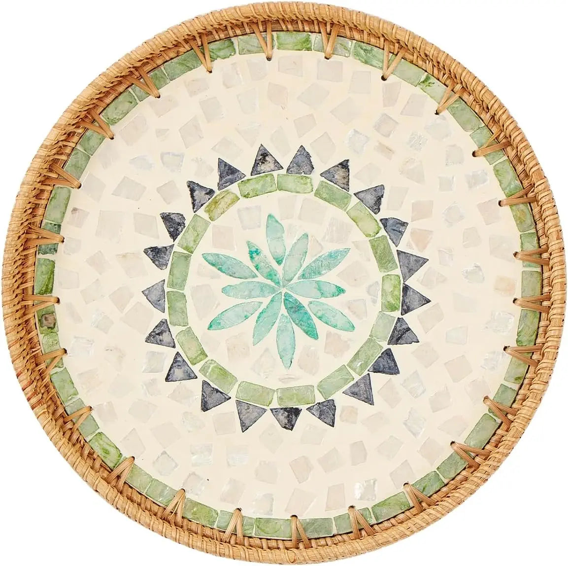 Round rattan serving tray with mother of pearl inlay featuring geometric patterns in beige and green tones.