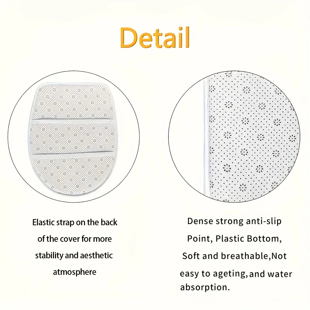 Detail view of a non-slip bathroom rug set showing the elastic strap on the back and the dense anti-slip point bottom.