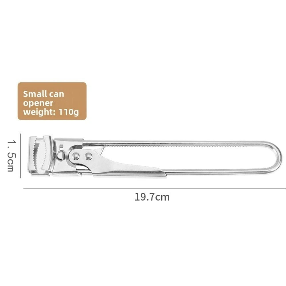 Stainless steel multi-function can opener with a 1.5cm length and 110g weight.