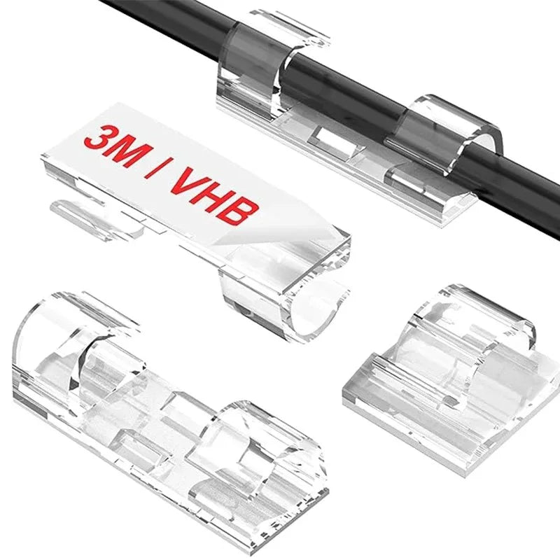 Clear plastic cable clips with 3M VHB tape for heavy duty self-adhesive cord management
