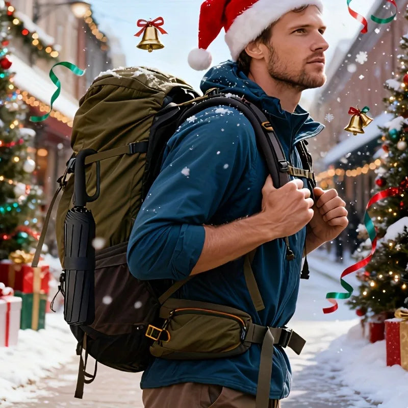 A man wearing a blue jacket and carrying a green backpack walks in the snow with an umbrella.