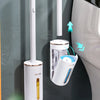 A wall-mounted toilet brush cleaning kit is shown with an automatic opening mechanism, demonstrating the close and open funct