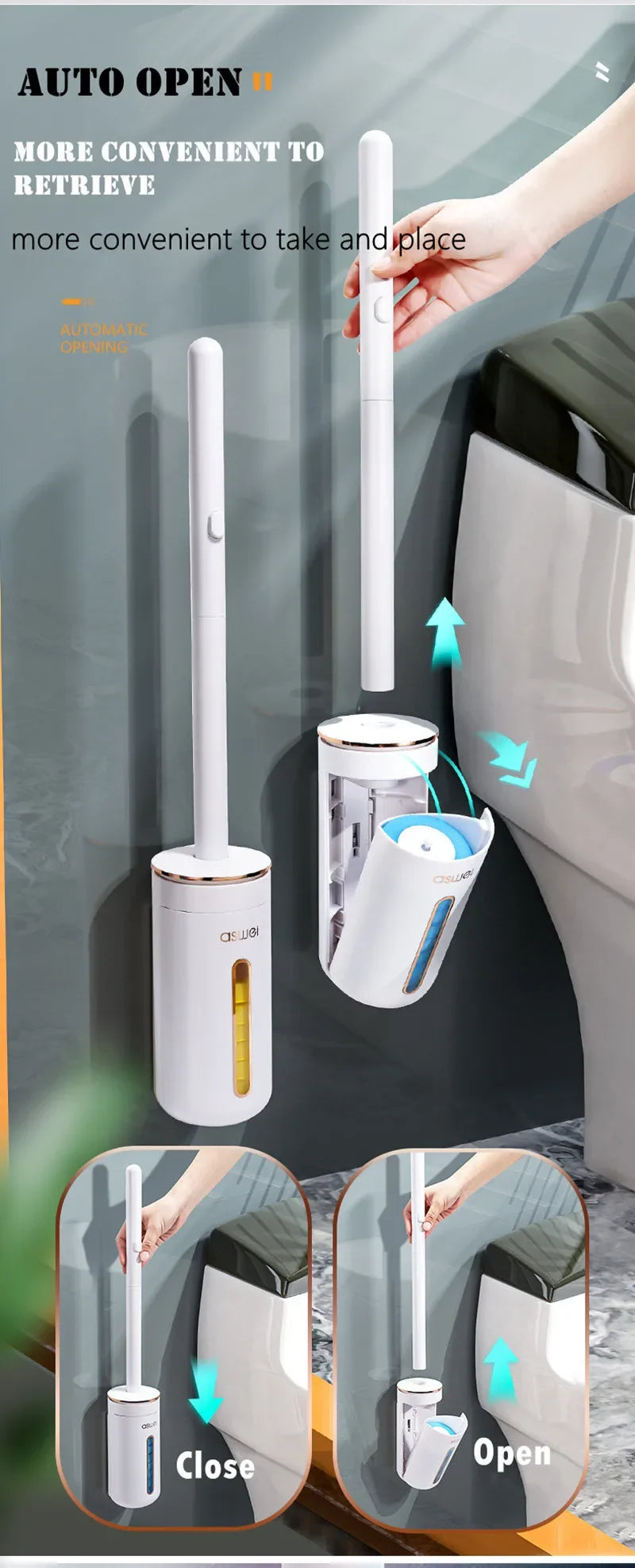 A wall-mounted toilet brush cleaning kit is shown with an automatic opening mechanism, demonstrating the close and open funct