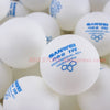A close-up view of white Sanwei 40+ 3-Star ABS table tennis balls in a pack.