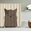 A beige shower curtain featuring a cute cartoon dog silhouette.