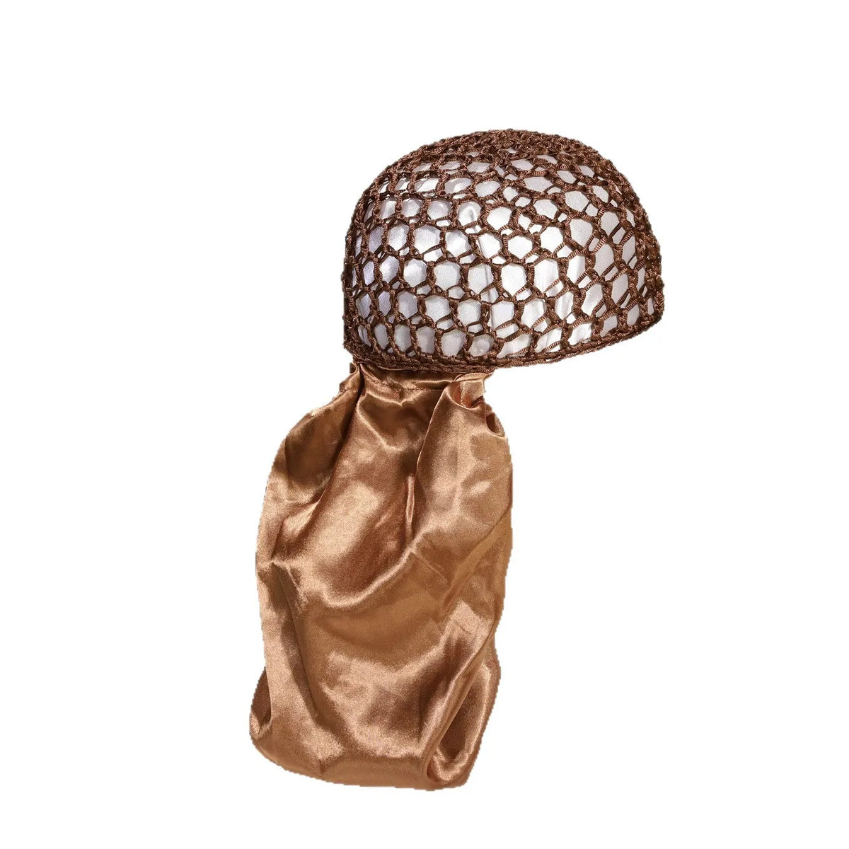 A brown mesh wig cap with a satin gold fabric drape.