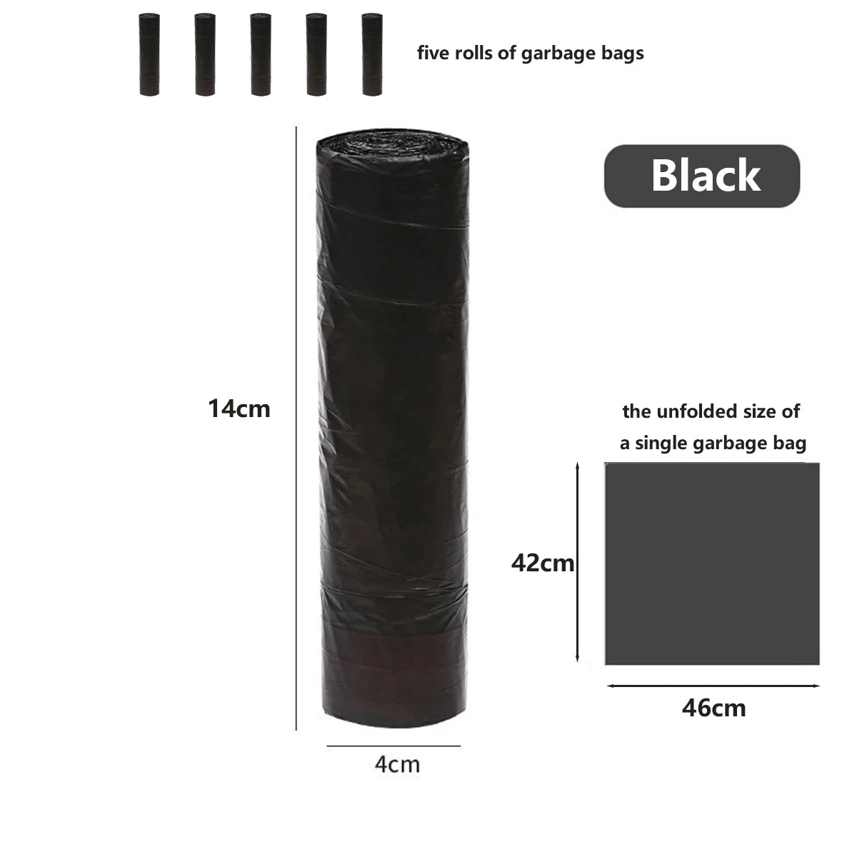 A black roll of garbage bags with a press lid, showing the unrolled size and dimensions.