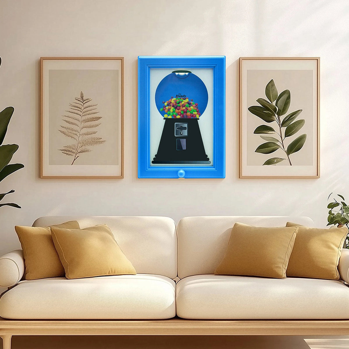 A display featuring a vintage candy frame with a dark background and colorful candies, flanked by two framed botanical prints