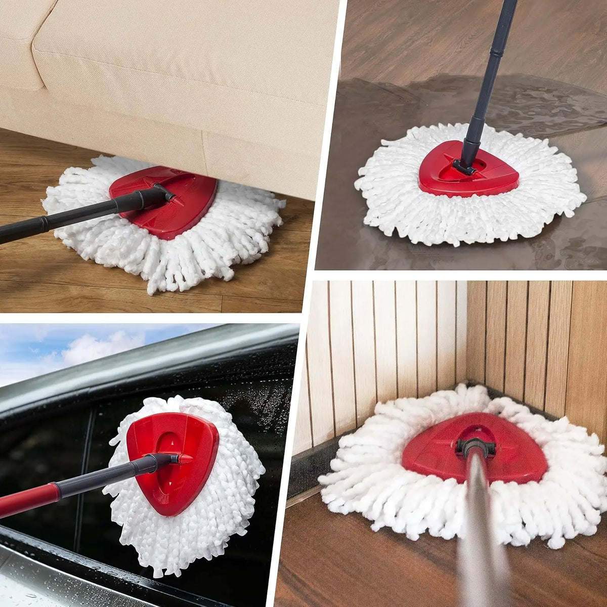 A red microfiber spin mop refill head is shown being used to clean a window surface.