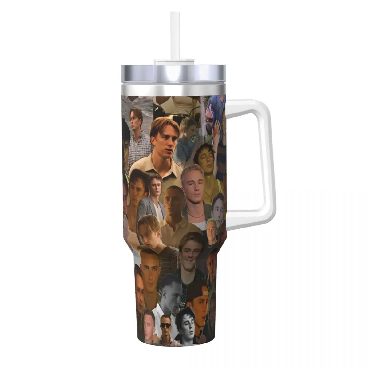 A stainless steel travel tumbler mug filled with a collage of various male faces.