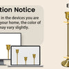A set of six gold weighted metal taper candlestick holders shown in various contexts.