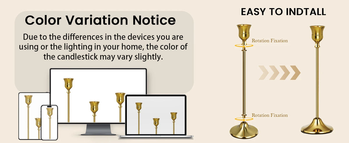 A set of six gold weighted metal taper candlestick holders shown in various contexts.