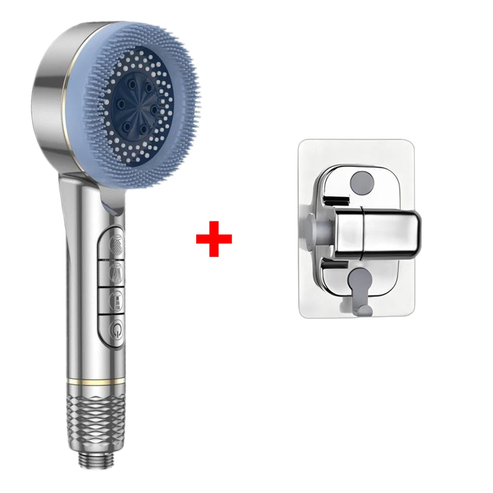 A silver shower head with a blue cleaning disc and a square control unit.