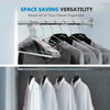 A silver hanger rack displaying various gray and black clothing items for closet organization.