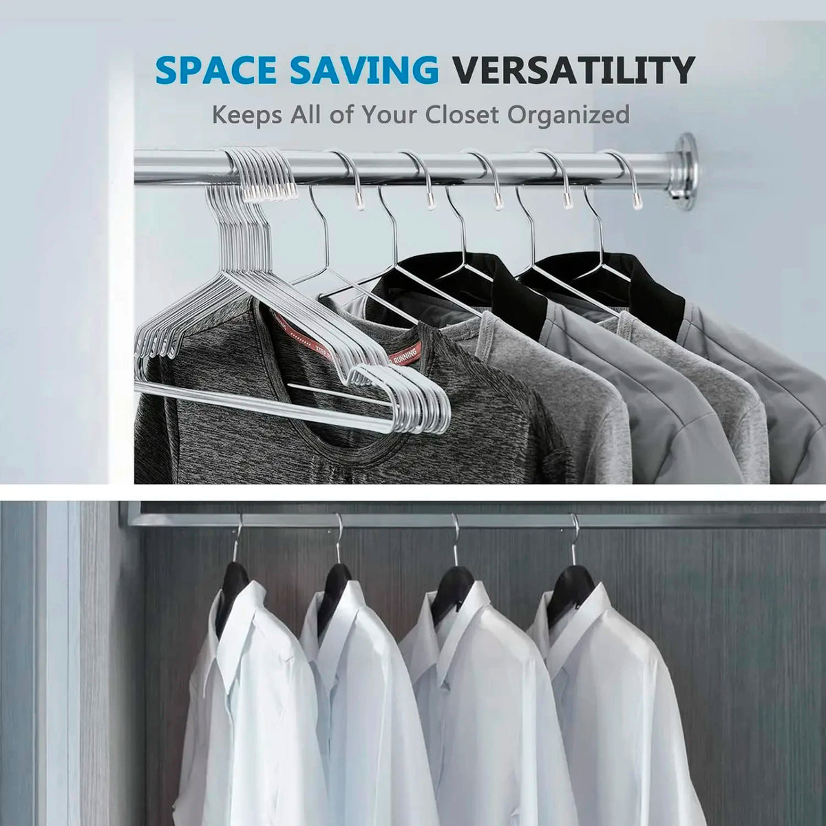 A silver hanger rack displaying various gray and black clothing items for closet organization.
