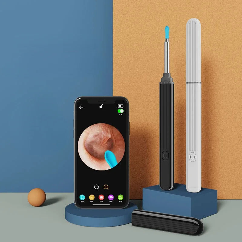 A visual ear cleaning tool with an LED camera is displayed next to a smartphone and various accessories.
