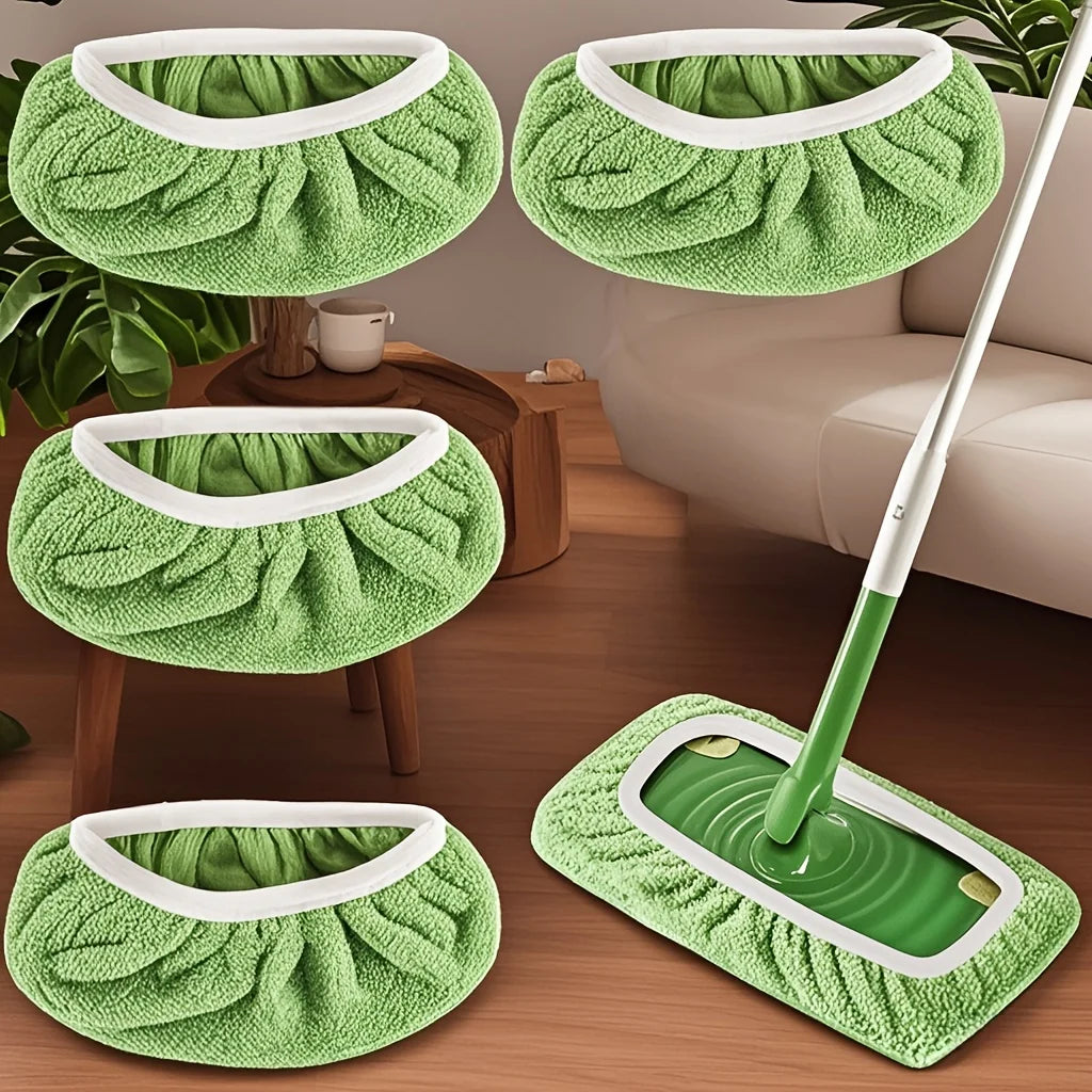 Four reusable green mop pads with white handles and a green mop are shown for enhanced cleaning.