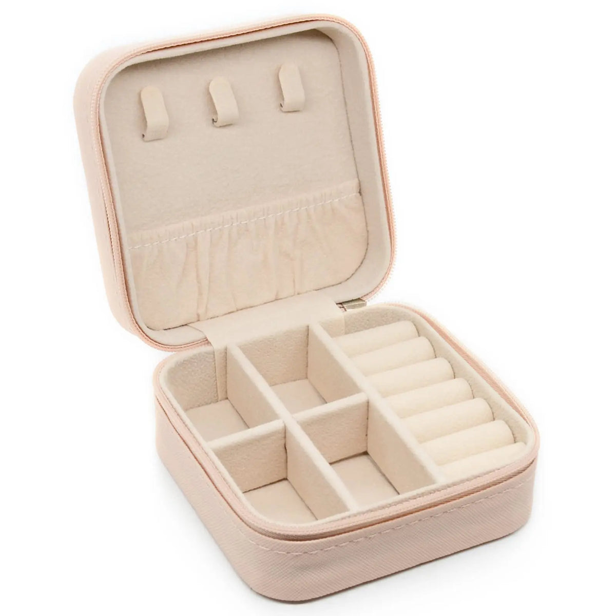 A light beige portable PU leather jewelry storage box with a hinged lid and divided compartments.