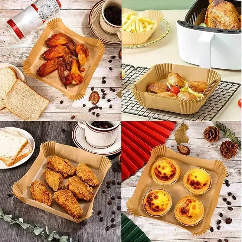 A collection of food items, including fried chicken pieces and baked goods, displayed on parchment paper and in a disposable 