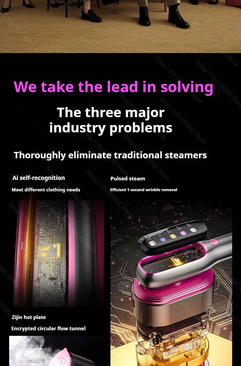 A handheld garment steamer iron with a pink and silver body is shown in a close-up view.