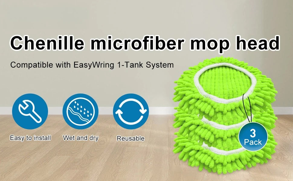 A stack of bright green microfiber mop heads for the EasyWring 1-Tank System, sold in a 3 pack.