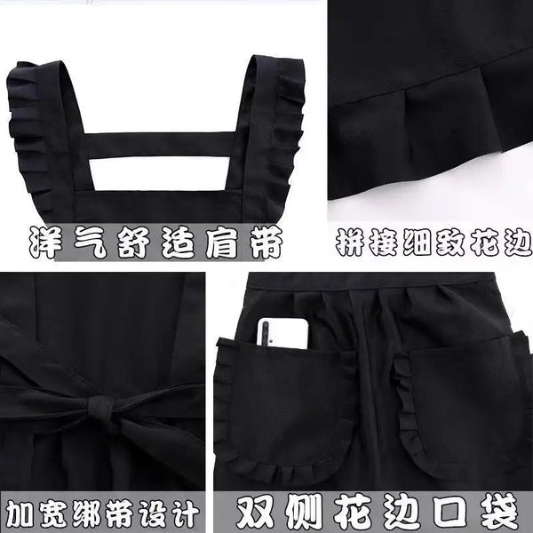 Black Korean-style cotton kitchen apron showing various details like pleats, pockets, and tie closures.