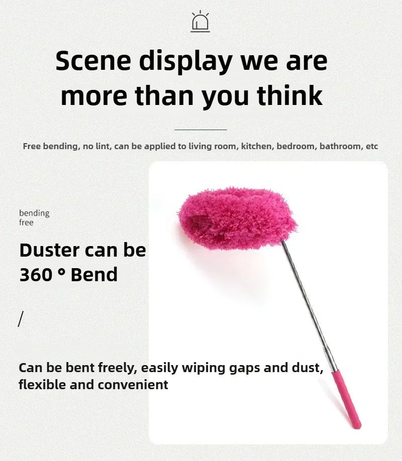 A pink extendable microfiber duster with a fuzzy head is shown against a white background.
