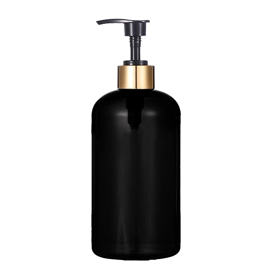 A black refillable pump soap dispenser bottle with a gold-colored pump top.