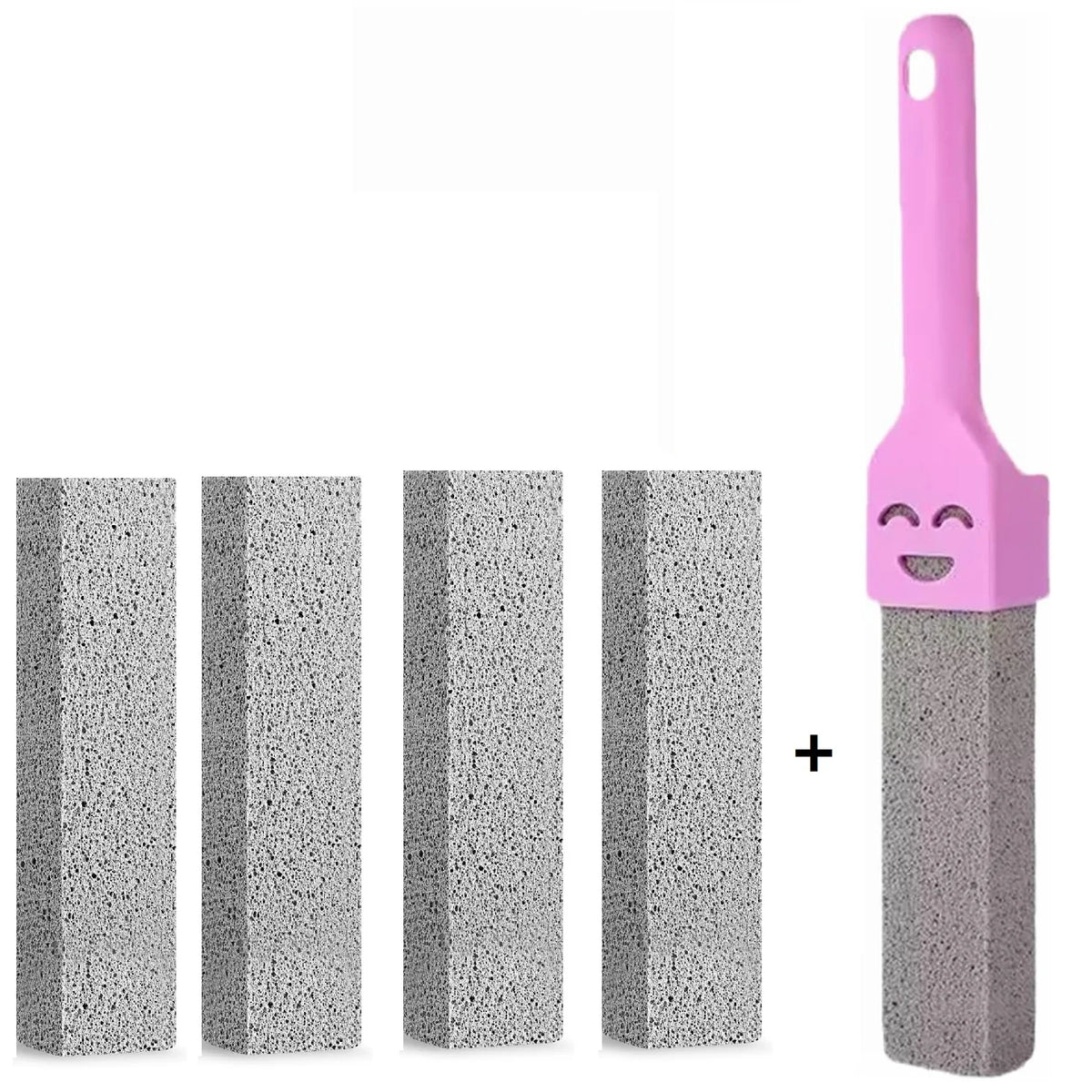 Ein Set aus fünf grauen Pumitsgesteinen und ein rosa Griff zur Reinigung von Haushaltsoberflächen.