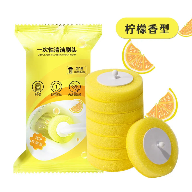 Un paquete amarillo de cabezales de cepillo de limpieza desechables y varios cabezales de cepillo de silicona amarilla.