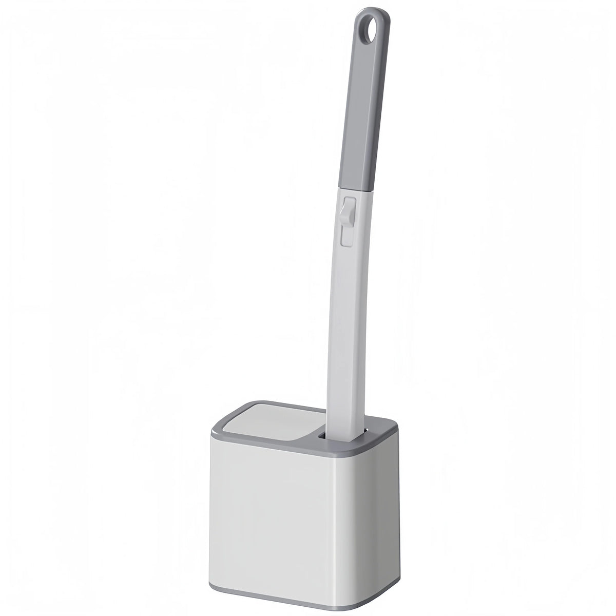 A disposable toilet brush kit with a long handle and a base, shown in light gray.