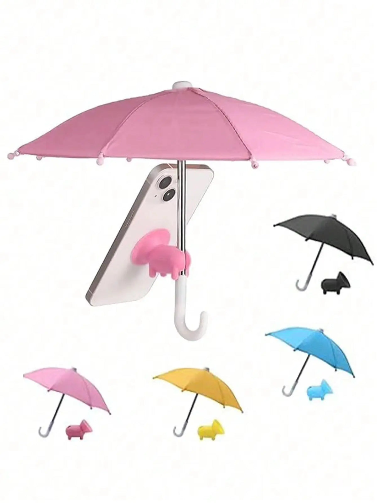 A pink umbrella is shown above a smartphone, with various colored umbrellas and small animal toys below.