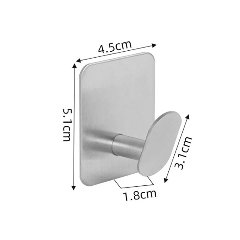 Stainless steel adhesive hook with a flat plate and curved hook, measuring 5.1cm high.