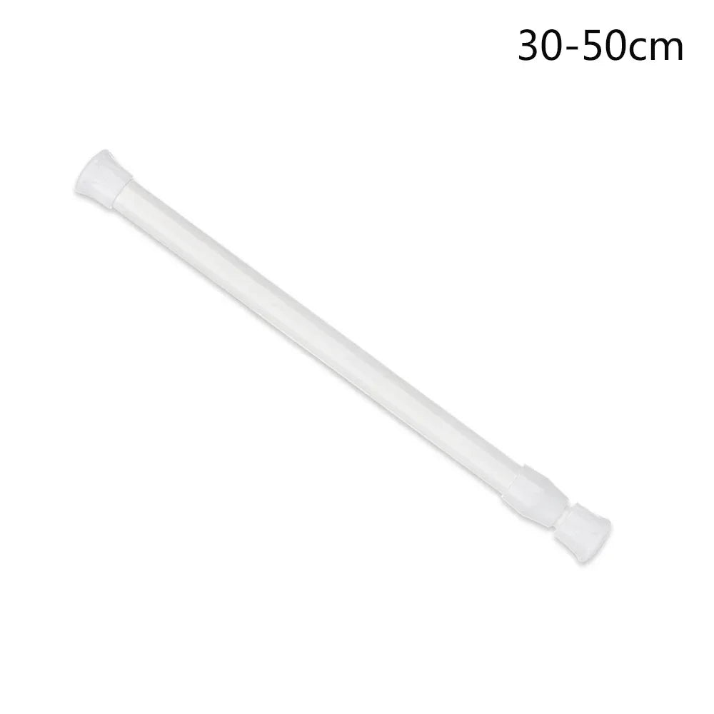 A white adjustable telescopic curtain rod with a threaded end.