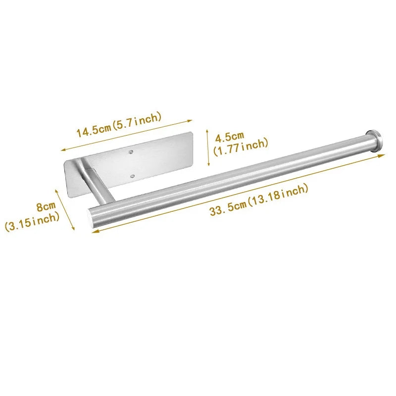 Stainless steel under cabinet paper towel holder with a 33.5 cm long rod and mounting plate.