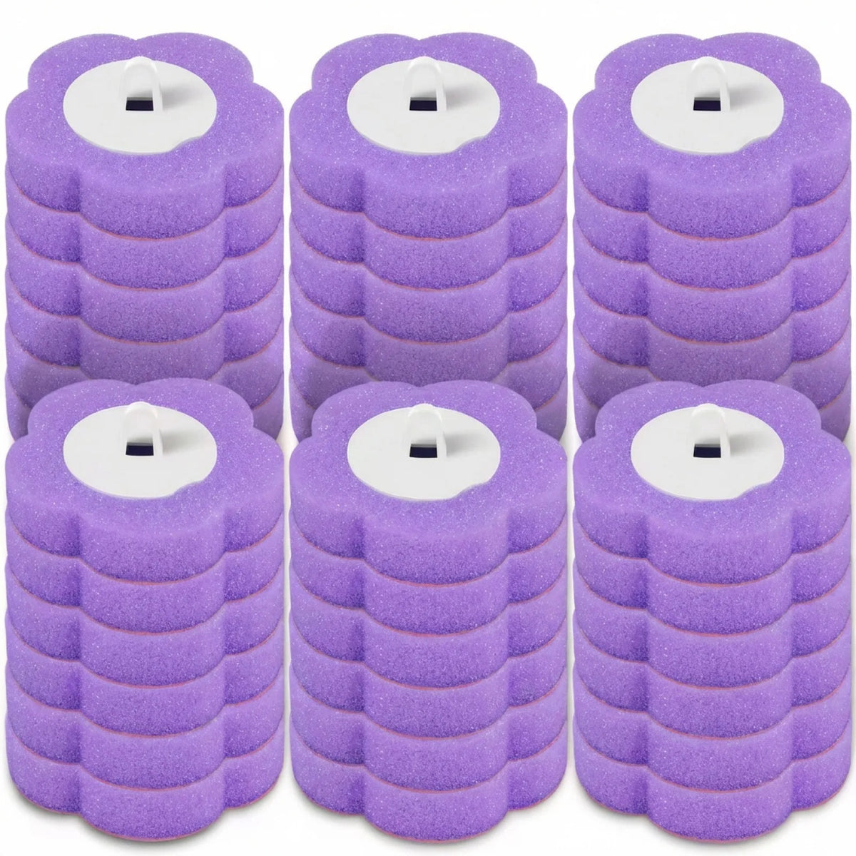 A set of purple disappearing toilet brushes with long handles.